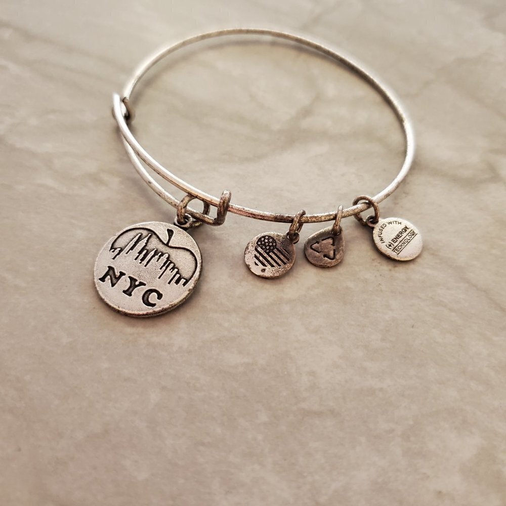 🍎 Alex and Ani Silver NYC New York City Apple Charm Expandable Bangle 🍎 - Picture 2 of 5